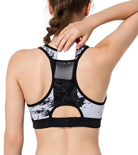 Yvette Damen Racerback High Impact Sport-BH mit Gesäßtasche, Lauf- und Workout-BH - Schwarz - M+