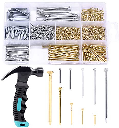 Keadic 1000 Pcs Hardware Kit & Claw Hammer, Heavy Duty Framing Hammer and 8 sizes Galvanized Nails Set for Picture Hanging, Finish Nailing, Wall Mounting