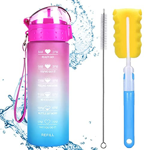 XACIOA Bouteille d'eau, Gourde Sport 1L avec Marqueur de Temps de Motivation, sans BPA, Étanche & Réutilisable,avec brosse en paille