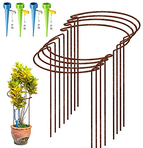 8 Pack Rusty Bow Plant Support Stakes, Half Round Natural Rust Flower Support Ring Cage Frame with 4 Self Watering Spikes, Rusted Metal Interlinking Garden Border for Peonies, Hydrangea(25x40cm)