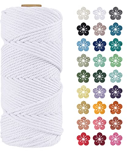 LEREATI Makramee Garn 4mm x 100m Weiß Baumwollkordel Natur Baumwollseil Farbig Baumwollgarn, Macrame Cord 4mm für DIY Geflochten, Makramee Deko, Hängepflanze, Wandbehang, Vorhang