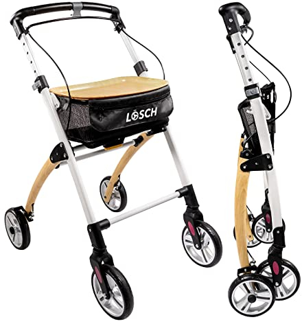 Casa Holzoptik Rollator schmal für Wohnung & Innenbereich, faltbar & leicht, 5 kg I höhenverstellbarer Wohnungsrollator von Lösch Reha I zuverlässige Gehhilfe für Senioren