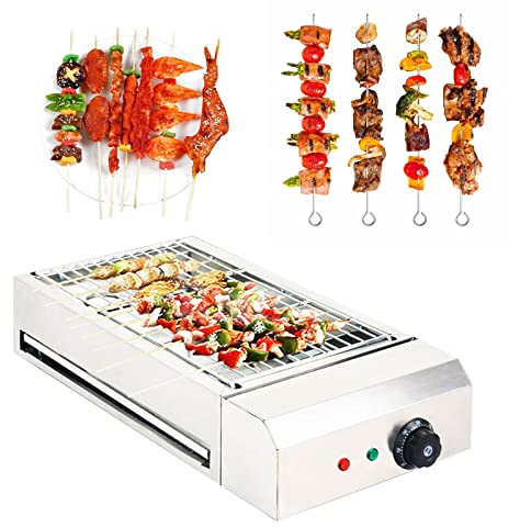 Barbecue Elettrico BBQ da Tavolo Bistecchiera Elettrica Potenza 2800W con Griglia in Acciaio Termostato Regolabile Area Cottura 40x24 cm Vaschetta Raccolta Grassi per Interni Esterni d'Argento