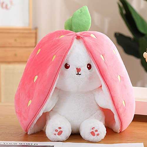 shineFinder 35 25 15cm Hasen Verstecken,Gefülltes Kaninchen mit Karotten und Erdbeeren, Plüschtier Hase, Hasenpuppe, Hasenplüsch, Weiches Plüsch-Kaninchen-Spielzeug(Erdbeere, 35cm)
