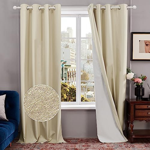Deconovo 100% Blackout Curtains 90 Drop Pair, Light Weight Eyelet Faux Linen Curtains for Door, Beige, 46 x 90 Inch(Width x Length), 2 Panels