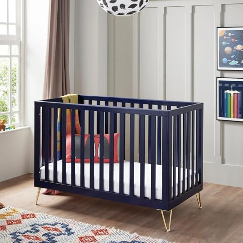 Babymore Kimi Midnight Cot Bed - Baby Cot & Toddler Bed Up to 4 Years, 3 Adjustable Mattress Base Positions, Hairpin Metal Legs, Wooden Cot Without Mattress, Teething Rails, All Around Slats