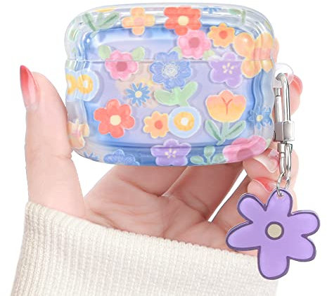 Newseego Airpods Pro Case Cover for Girls Women, Cute Flower Pattern Wave Frame Soft TPU Shockproof Full Protection Cover with Keychain for Airpods Pro Charging Case