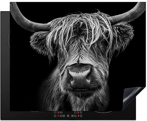 KitchenYeah© Induction Hob Protector Mat Stove Cap Top Cover Kitchen Cooker | 20.5x25.6 / 65x52 cm - Covers for Electric Hobs Vinyl Scottish Highlander - Horns - Black - White - Cow