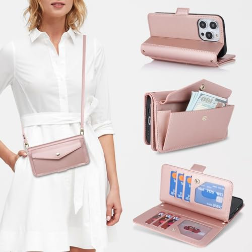 Zouzt for iPhone 12 Pro Max Wallet Case for Women, Purse with Credit Card Holder Slots Crossbody Lanyard Strap Flip Folio Book Shockproof Protective Cover for Apple iPhone 12 Pro Max 6.7 Inch (Pink)