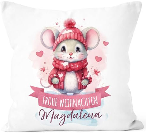SpecialMe® Kissen-Bezug Weihnachten Tier-Motive personalisiert mit Namen Namenskissen Geschenk für Jungen und Mädchen Baby Maus 2 weiß Standard