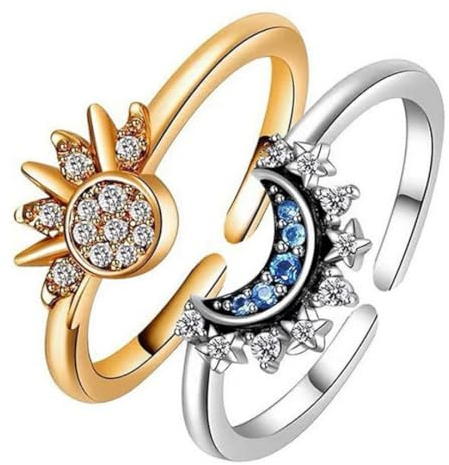 BYXG Ring Set Sonne Und Der Mond Freundschaftsringe Gold Ringe mit Cubic Zirconia Silber Verstellbar Offene Promise Matching Rings Für Damen Frauen, Sonne Mond Ring, 2 Stück