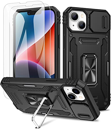 Doeshine for iPhone 14/13 Case, 2 Pack Tempered Glass Screen Protector, Built-in 360° Rotate Ring Kickstand & Slide Camera Cover, Shockproof Military Drop Protection Heavy Duty Cases (Black)