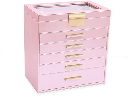 BOOVO Schmuckkästchen für Damen, weiß und schwarz, 6-lagig, große Schmuckschatulle für Halskette, Armband, Ohrringe, Ringe, Schmuckhalter, Organizer für Mädchen, Geschenk (Roségold, 6 Ebenen)