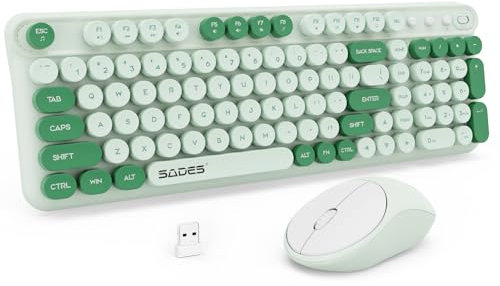 Wireless Keyboard and Mouse - Retro Round Keycaps, 2.4G Lag-Free Rechargeable Typewriter Keyboard Mouse Combo for Mac, Windows, PC, Laptop (White Green)