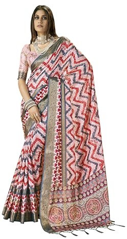 Elina fashion Sari indien ethnique Dola en soie imprimé floral avec chemisier non cousu || Cadeau de festival pour elle, rose pastel, taille unique