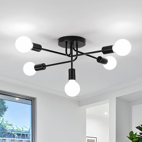 DELIPOP Lamparas de Techo Industrial, 5 Luces E27 Negro Plafon de Techo Rustico Lámpara de araña Moderna para Sala, Dormitorio, Cocina, Pasillo
