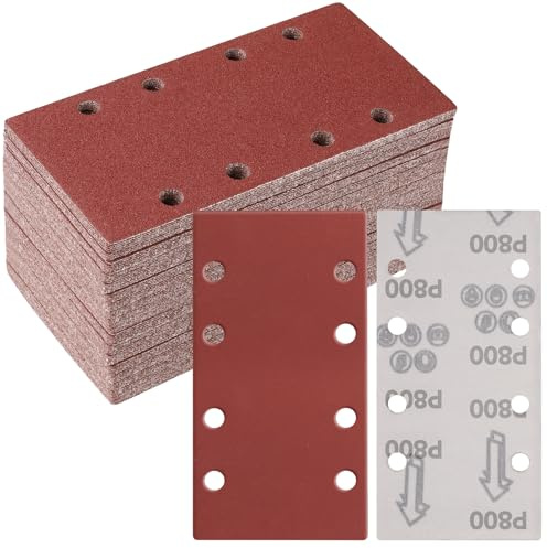 Sruhrak 93x185 mm Schleifpapier Klett Set, 50 Stück 800 Körnung 8 Löcher | Sandpaper für Holz, Metall, Lack, Farbe, Schleifblatt für Rechteckschleifer schwingschleifer akku 18v