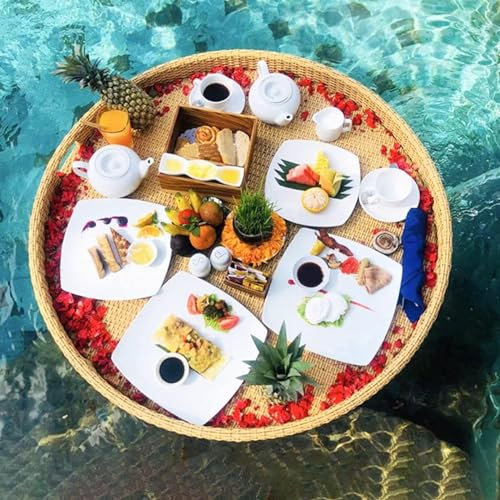Vassoio galleggiante per piscina Vassoio galleggiante, vassoio da portata in rattan intrecciato Vassoio per alimenti con manici Elegante vassoio per la colazione sull'acqua, per piscina o spiaggia Fes