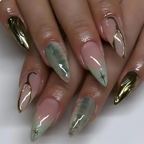 GlamRays Lot de 30 faux ongles à coller, manucure française, forme d’amande, taille moyenne, vert clair, doré, nude, rose, pour l’automne, couverture complète de l’ongle