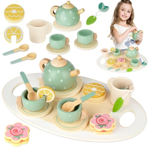 HOTUT Services à Thé en Bois, 14Pcs Tea Party Jeux de Rôle, Service à Thé Jouets Dinette en Bois Enfant, Jouet Éducatif Éveil Montessori, Noël Enfant Garçon Fille 3 4 5+ Ans-Pois Verts
