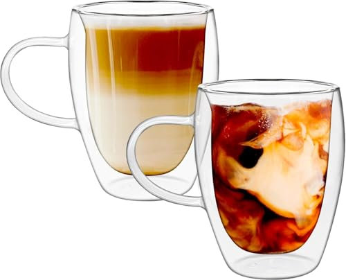 Viceda Coffee Mugs, 2 Pcs Double Walled Coffee Cups with Handle, 350ml Large Capacity Cups for Tea Beer Drinking Juice Cappuccino Latte