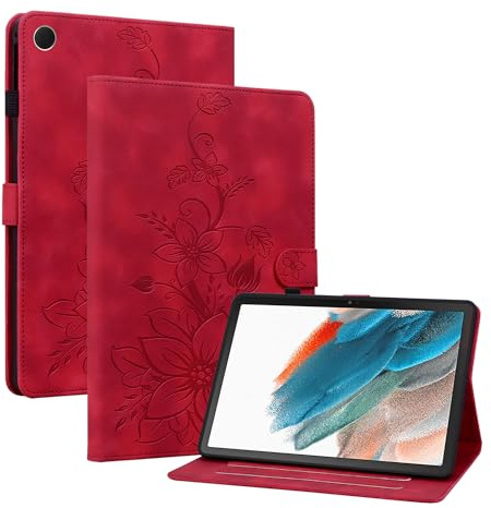 Rosbtib Coque pour Samsung Galaxy Tab A8 2021 SM-X200/X205 10.5 Pouces, Multi-Angles de Visualisation Housse de Protection en Similicuir avec Porte-Carte Couverture Motif Lys, Rouge