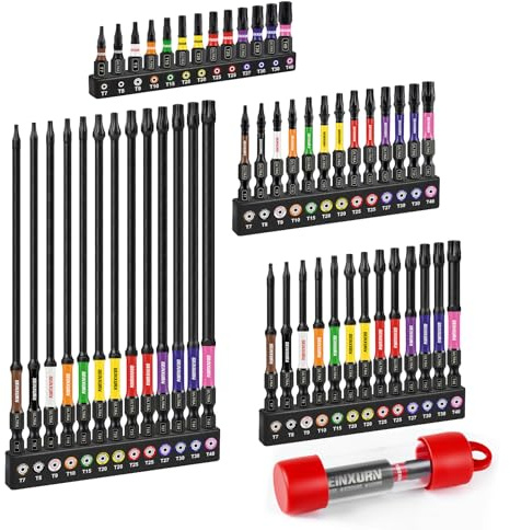 Geinxurn 53 Piece Impact Torx Screwdriver Bit Set,1/2/3/6 Magnetic S2 Steel Long Extension Star Driver Bits and Bit Holder with Color Coded Base