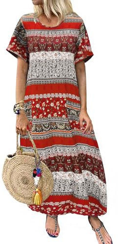 ZANZEA Maxi Dresses for Women Short Sleeve Crew Neck Floral Summer Casual Dresses A Line Loose Oversized Boho Dress with Pockets Floral Print Red XXL