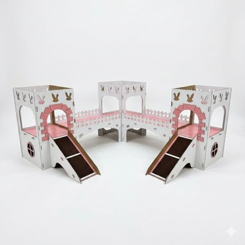 Towers Kaninchenburg aus Holz?– 3?verbundene Türme mit Brücken & Treppen, 2?Etagen?– Spiel??und Versteckhaus für Kaninchen & Kleintiere?– 3?mm MDF, zerlegbar, 55?cm hoch (weiß-rosa, N)
