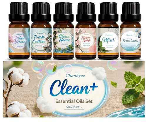 Chanhyer Clean Essential Oils Set for Diffusers for Home 6 x 10 ml | Fresh Linen,Mint,Clean Home,Silken Breeze,Fresh Cotton,Floral Soap for Diffuser,Home Fragrance,Candle,Soap Making