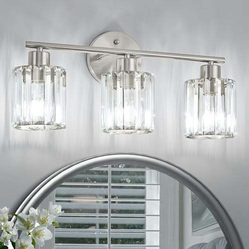 Kvhiiw Modern Brushed Nickel Crystal Bathroom Light Fixtures,3-Light