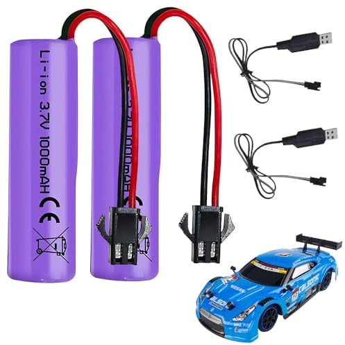XUXLEKK 2pcs 3.7V 1000mah Batterie au Lithium, 1000mah Batterie au Lithium avec 2pcs Chargeur USB SM-2P, pour Véhicules RC, Voitures, Bateaux, Road, Truck (Violet)