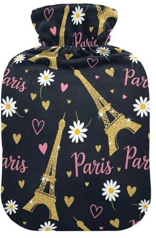 Paris Daisy Flowers Black Hot Water Bottle with Cover for Pain Relief Heating Bottles for Neck, 2L