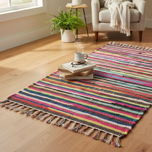 Handmade Chindi Rug, Multi Coloured Stripes, 100% Recycled Cotton Traditional Style Area Rug, Garden Living Room Bedroom indoor Home Decor Mat (60 x 90 cm)