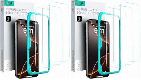 ESR 6 Pack for iPhone 16 Pro Max Screen Protector, Tempered Glass Film with Easy Installation Tool, 9H Hardness, Military-Grade Shatterproof, HD Clear, Scratch Resistant
