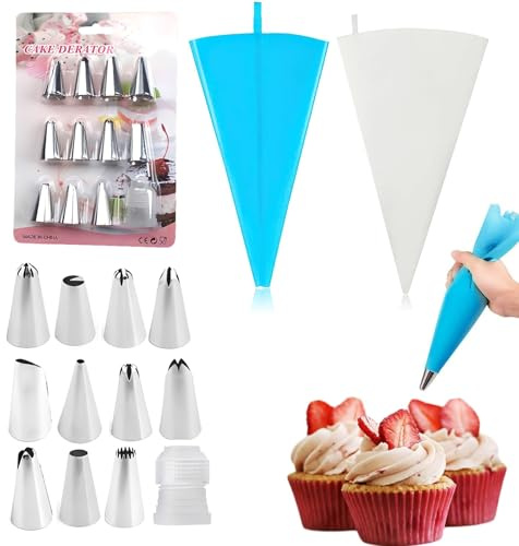 JYXNU 14 Pezzi Beccucci Sac a Poche Professionali in Acciaio Inox con 2 Sac a Poche Riutilizzabili 14 Pollici Blu e Bianco Bocchette Decorative per Torte Dolci e Biscotti