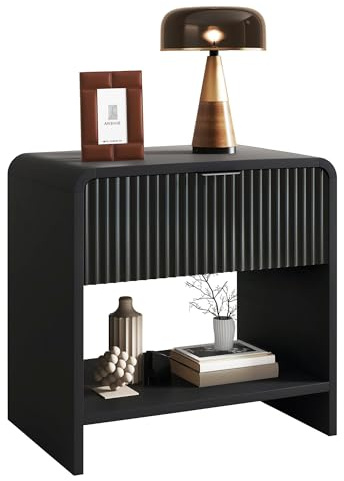 GUVIBAYB Nachttisch 60cm Hoch, Rillenoptik und Waterfall-Design, Schwarz | Für Boxspringbetten, Nachtkommode mit abgerundeten Ecken, Schublade mit offenem Fach, Beistelltisch, moderner Nachtschrank