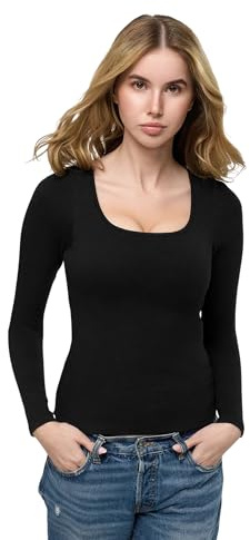 creamy fabrics Damen Top mit integriertem BH Langarm Schwarz XL