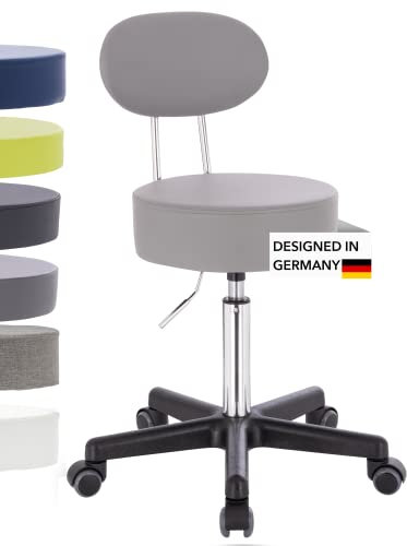 1stuff Rollhocker Squash 35 BACKLIKE mit Rücken-Lehne - ca. 51-71 cm Sitzhöhe - kompakter Bürohocker - Praxis-Hocker - bodenschonende PU-Rollen - Drehhocker - Therapiehocker - Sitzhocker Grau