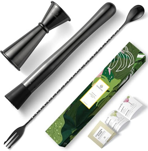 Homestia 304 Stainless Steel 3 PCS Black Bar Tool Set: 10 Muddler, 12 Spoon, 1&2 oz Jigger for Cocktails