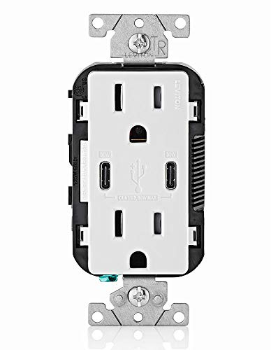 Leviton 30W (6A) USB Dual Type-C/C Power Delivery In-Wall Charger with 15A Tamper-Resistant Outlet, USB Charger for Smartphones, Tablets, Laptops, T5635-W, White