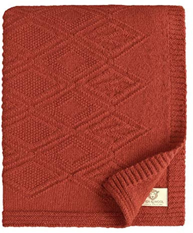 Linen & Cotton Decke Wolldecke Gestrickt Arianna - 100% Reine Neuseeland Wolle, Dunkelrot Bordeaux Rot (120 x 180cm) Wohndecke Kuscheldecke Strick Sofadecke Strickdecke Plaid Schurwolle Couch Sofa