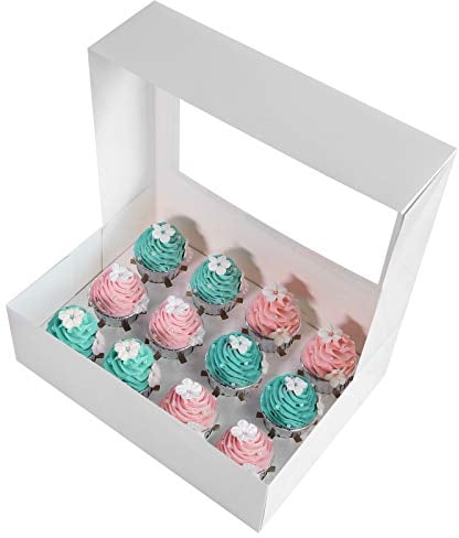 ONE MORE Cupcake-Boxen mit 12 Halterungen, Kuchenträger in Lebensmittelqualität, Pop-Up-Bäckerei-Boxen, 35,1 x 24,1 x 10,2 cm, mit Einsätzen und PVC-Fenstern, passend für 12 Cupcakes oder Muffins, 20
