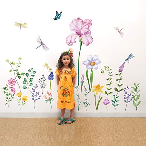 decalmile Wandtattoo Garten Blume Wandaufkleber Narzisse Iris Blume Libelle Wandsticker Schlafzimmer Wohnzimmer TV Wand Wohnkultur Wanddeko