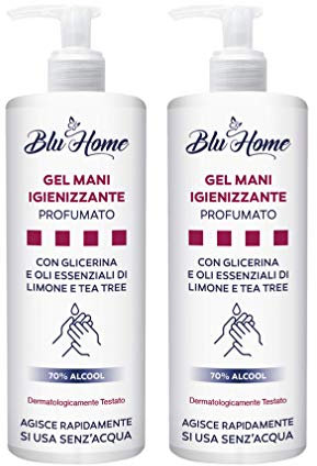 Blu Home GEL MANI IGIENIZZANTE 70% ALCOOL con Oli Essenziali di Limone, Tea Tree e Glicerina Vegetale (500 ml - 2 pezzi)