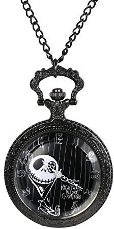 JewelryWe Taschenuhr Herren Damen mit Schädel Skull Skelett aus The Nightmare Before Christmas, Quarz Analog Uhr mit Kette Halskette Schwarz