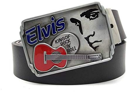JWJQTLD Herren Gürtel Gürtel Für Männer Der König des Rock'n'Roll Elvis Vintage Gürtelschnalle Schwarzer Ledergürtel Herren- Und Damengeschenke, Wie Abgebildet, 130Cm