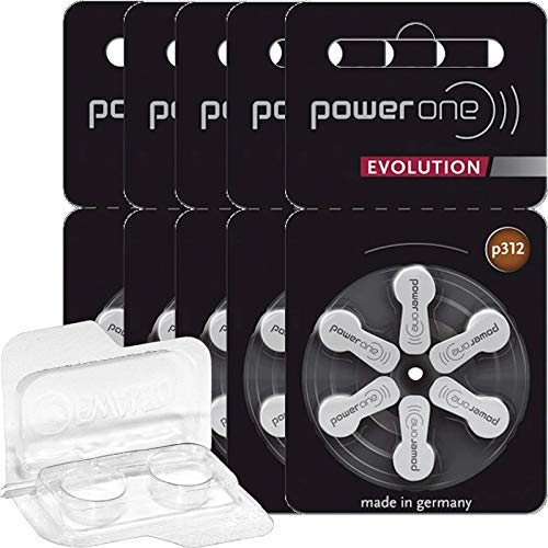 30x Für Power One Evolution Gr. 312 Hörgerätebatterien 1,45V (5X 6er Blister) + Aufbewahrungsbox für 2 Hörgerätebatterien (30 Batterien, braun)