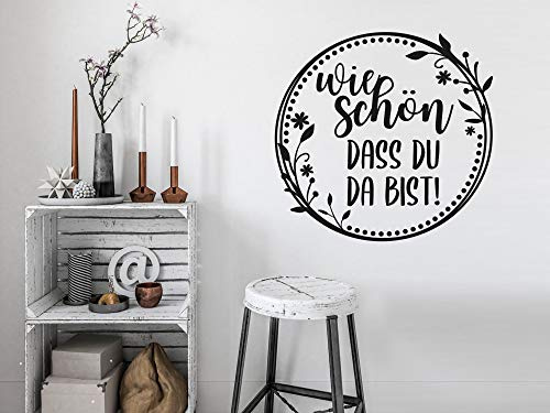 GRAZDesign Wandtattoo Flur Wie schön, dass du da bist mit Kranz, modern, Aufkleber für Eingang, Türaufkleber / 42x40cm / 070 schwarz