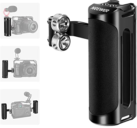 Neewer Aluminium-Seitengriff, kompatibel mit SmallRig-Kamerakäfig für DSLR- und spiegellose Kamera, vertikale/horizontale Anpassung, Handgriff mit Kaltschuh, eingebauter Sechskantschlüssel und 6,35 mm
